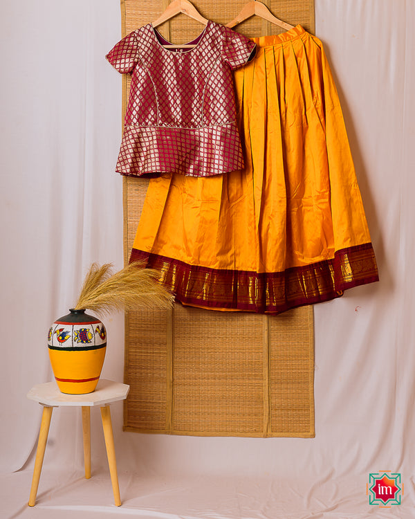 Yellow-Red  Kanchipuram Silk Girls Pavadai Panjavarnam