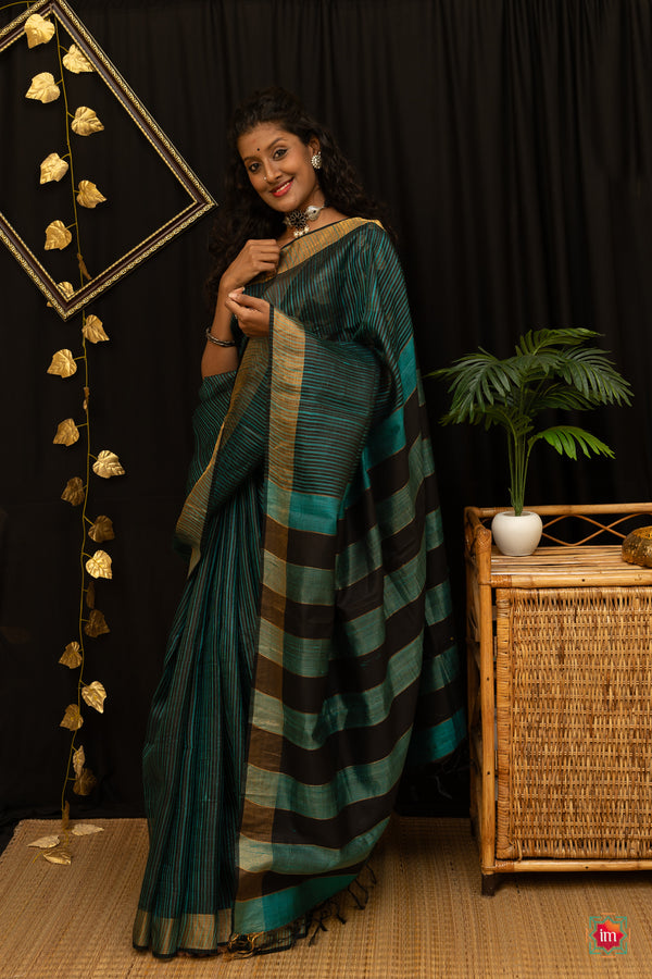 Black Sea-green  Bhagalpur Tusssar Silk Saree Sameera