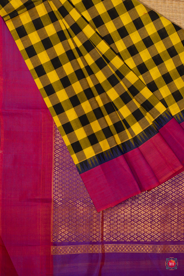 Yellow Black Kattam Kanchi Silk Cotton Saree Karpagam