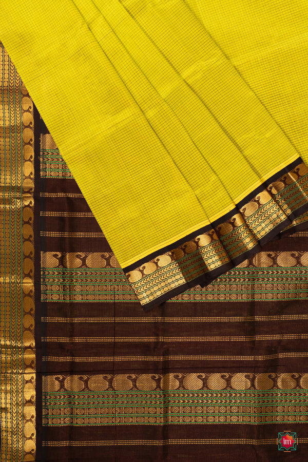 Lemon Green With Brown  Kanchi Korvai Silk Cotton Saree Nisarga