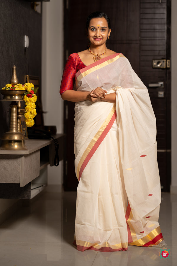 White Kasavu Red Motif Zari Border Handloom Saree Kinavu