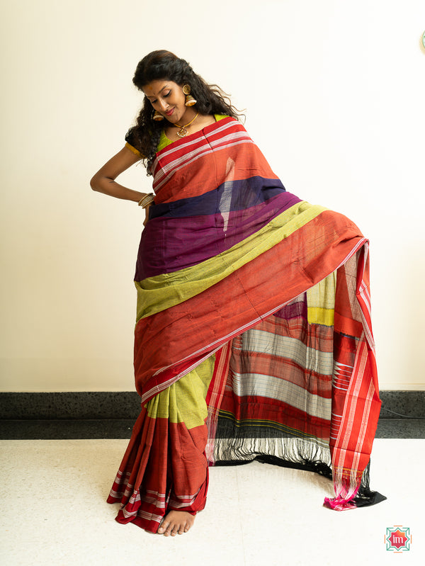 Multicoloured Four Layer Ilkal Handloom Cotton Saree Mubbagam