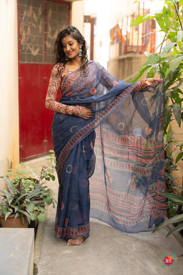 Indigo Blue Bagru Handblock Printed Kota Doria Saree Neelima