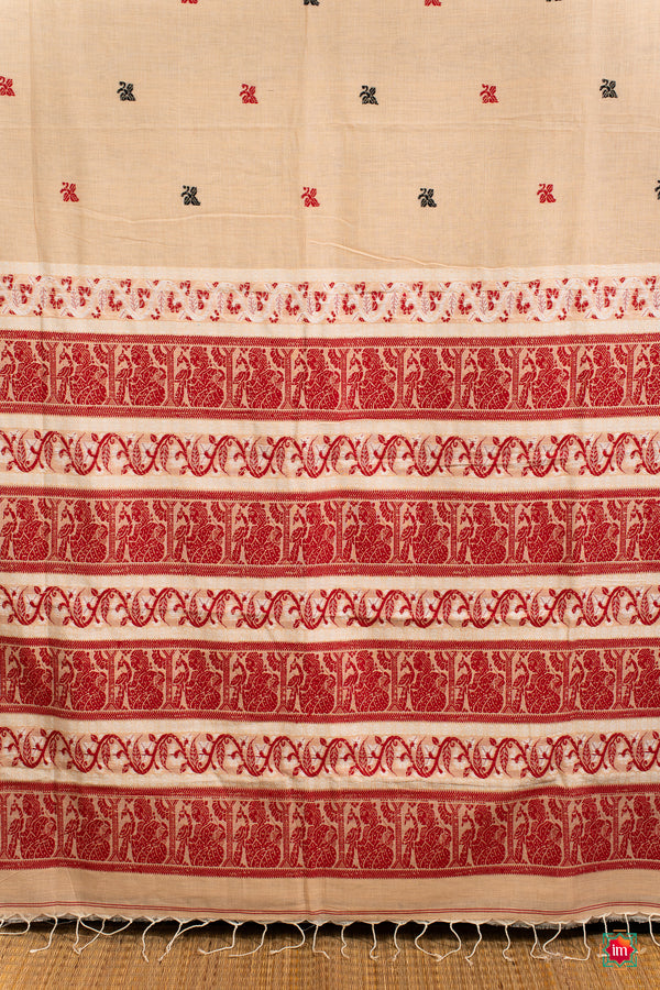 Cream With Red Bengal Soft Cotton Saree Malika