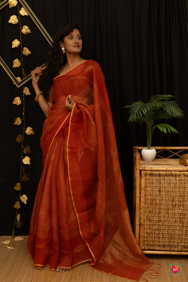 Orange Handwoven Muslin Silk Saree Agnee