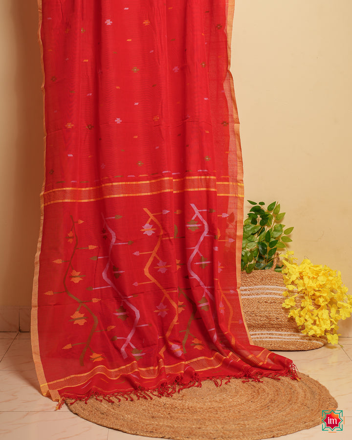 Red handloom saree is displayed.