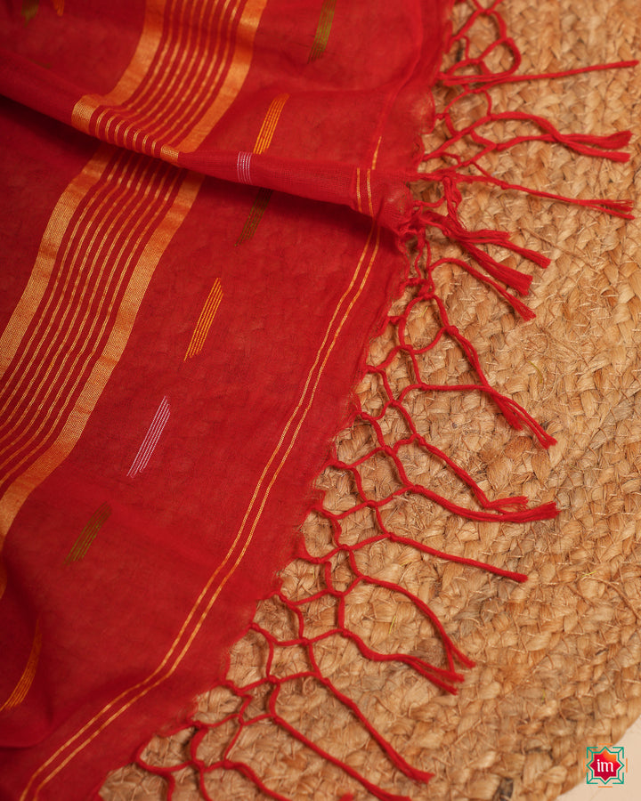 Red handloom saree, where in the detailed saree print is displayed.