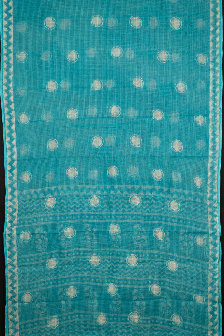 Turquoise Blue Bagru Handblock Printed Kota Doria Saree Jhumroo-2-The -Indian-Motif