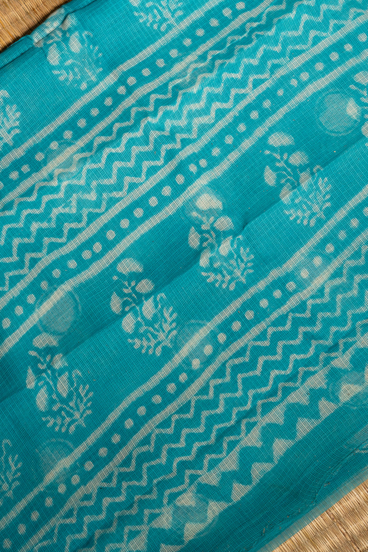 Turquoise Blue Bagru Handblock Printed Kota Doria Saree Jhumroo-3-The -Indian-Motif