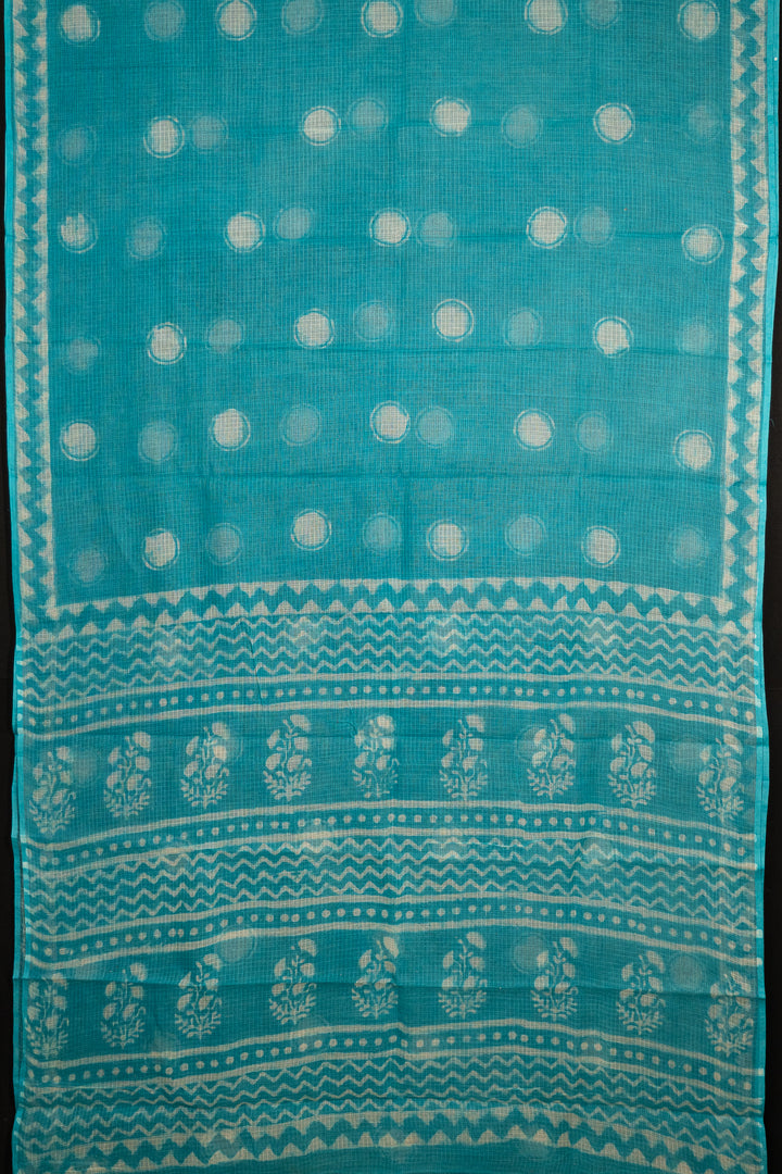 Turquoise Blue Bagru Handblock Printed Kota Doria Saree Jhumroo-Indian-Motif