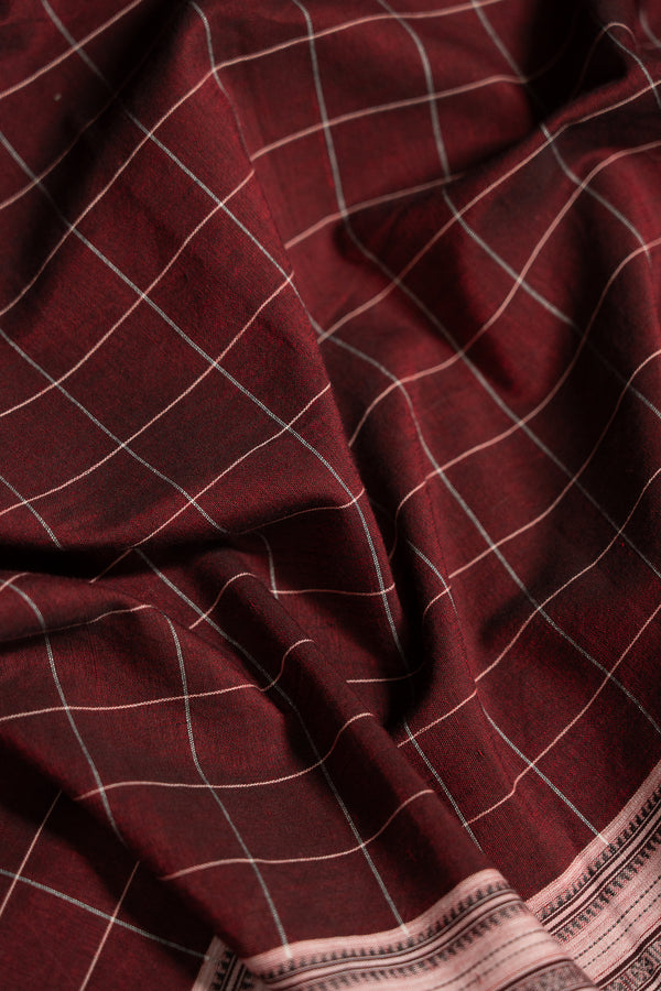 Wine Red Checks Ilkal Handloom Cotton Saree Madhu-1-The-Indian-Motif