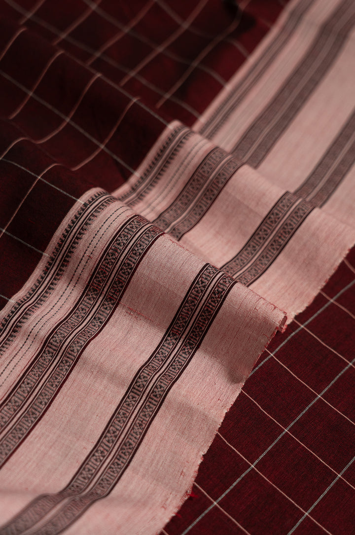 Wine Red Checks Ilkal Handloom Cotton Saree Madhu-2-The-Indian-Motif
