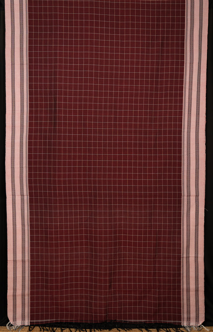 Wine Red Checks Ilkal Handloom Cotton Saree Madhu-6- The-Indian-Motif