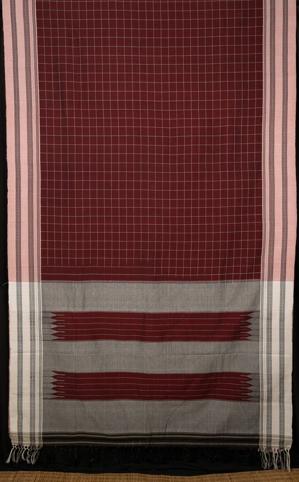 Wine Red Checks Ilkal Handloom Cotton Saree Madhu-The-Indian-Motif