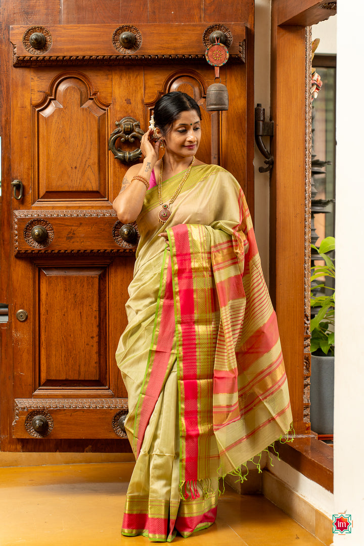 Green Pink Handwoven Maheshwari Silk Cotton Saree Mithaas-2-The Indian Motif 