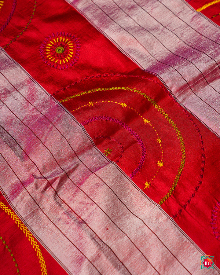Purple saree, where in the detailed saree print is displayed.
