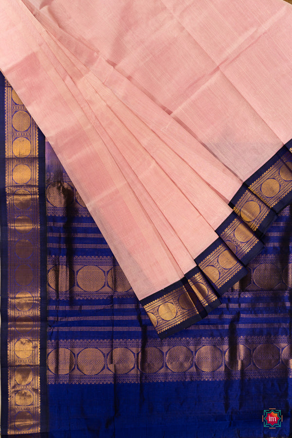 Baby Pink With Ink Blue Kanchi Silk Cotton Saree Paavai