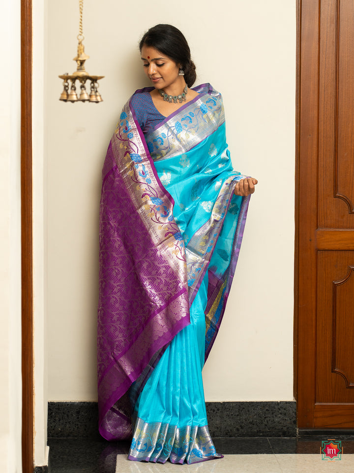 Sky Blue Venkatagiri Silk Saree Ambar-Festive weaves-93-The Indian Motif Handwoven Sarees