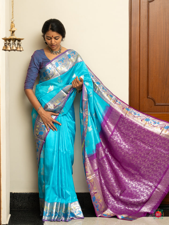 Sky Blue Venkatagiri Silk Saree Ambar-Festive weaves-94-The Indian Motif Handwoven Sarees