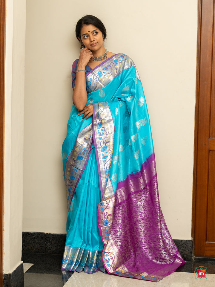 Sky Blue Venkatagiri Silk Saree Ambar-Festive weaves-96-The Indian Motif Handwoven Sarees