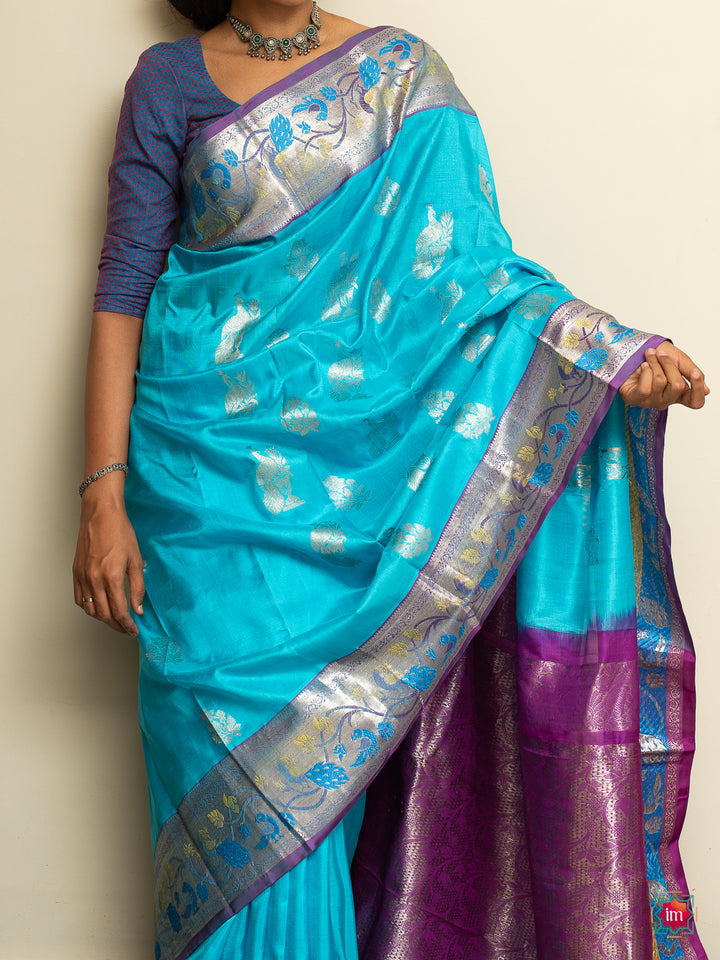 Sky Blue Venkatagiri Silk Saree Ambar-Festive weaves-98-The Indian Motif Handwoven Sarees