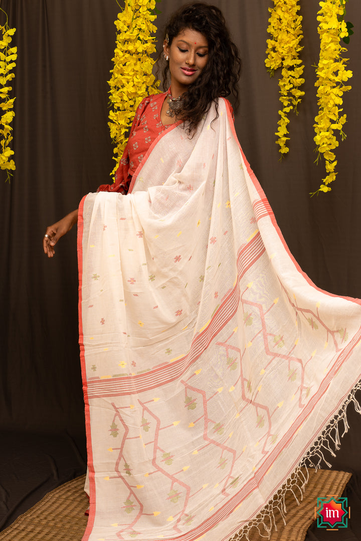 White Mul Cotton Bengal Jamdhani Saree Moushumi-The Indian Motif