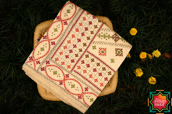 Hand Embroidered Tussar Cotton Silk Saree Sandy Dunes