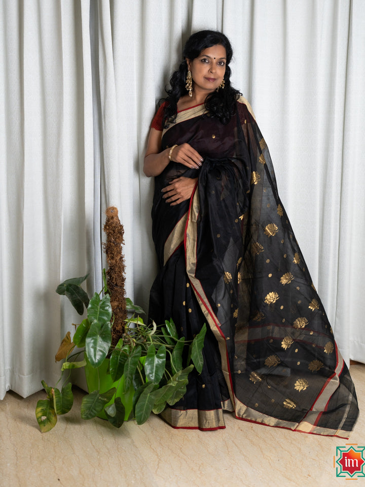 Black Chanderi Silk Cotton Saree Ragini-Festive Weaves-DSC06643-The Indian Motif Handwoven Sarees