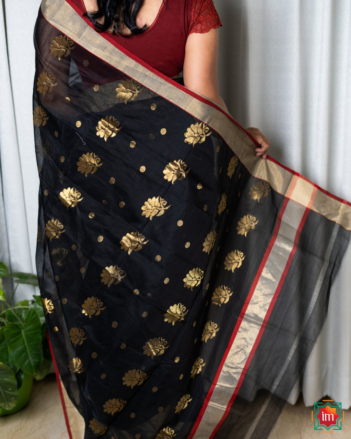 Black Chanderi Silk Cotton Saree Ragini-Festive Weaves-DSC06649-The Indian Motif Handwoven Sarees