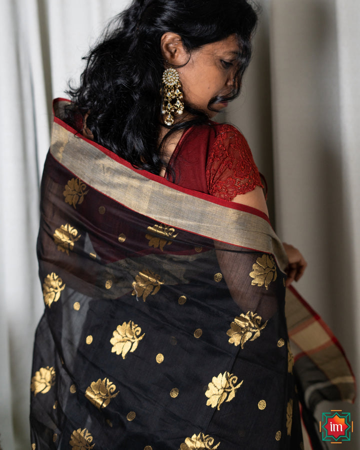 Black Chanderi Silk Cotton Saree Ragini-Festive Weaves-DSC06661-The Indian Motif Handwoven Sarees