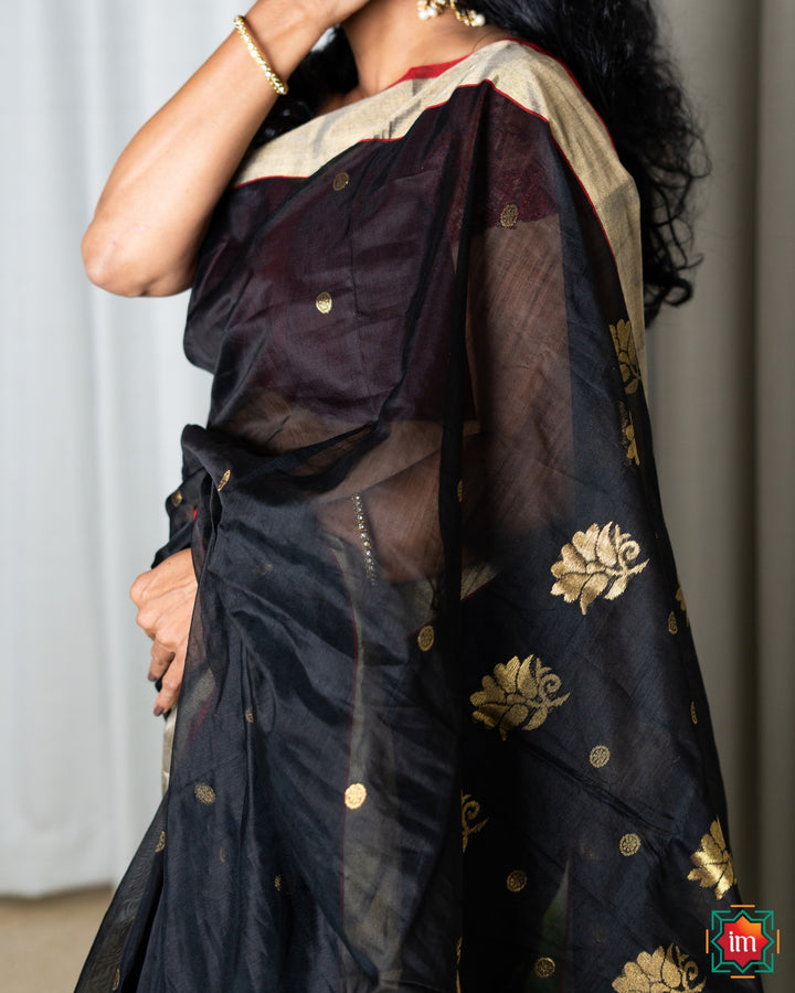 Black Chanderi Silk Cotton Saree Ragini-Festive Weaves-DSC06670-The Indian Motif Handwoven Sarees