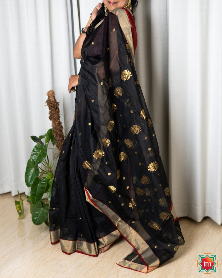 Black Chanderi Silk Cotton Saree Ragini-Festive Weaves-DSC06678-The Indian Motif Handwoven Sarees